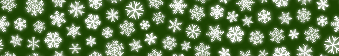 Fototapeta na wymiar Christmas horizontal seamless banner of white snowflakes on green background
