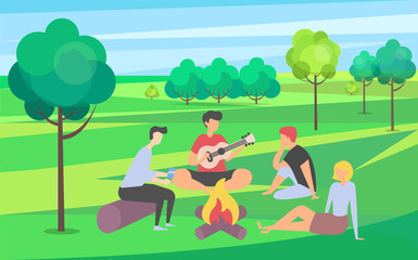 Friends spending time vector, summer vacation together in park camping near campfire, people playing guitar outdoor activity, happy weekend with friend, summertime by bonfire. Flat cartoon