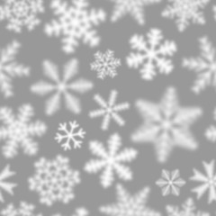Fototapeta na wymiar Christmas seamless pattern of white defocused snowflakes on gray background
