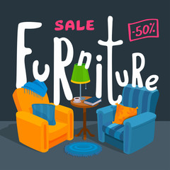 Furniture sale poster. Two cozy armchairs.