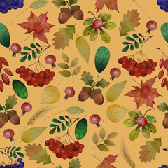 Beautiful watercolor seamless pattern with autumn leaves and berries on a orange background