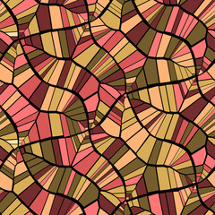 Abstract seamless vector pattern. Cracks, lines, polygons. Yellow, red, beige and black colors. Isolated background