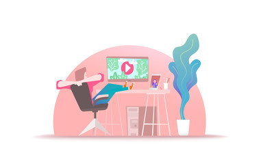 Office worker at the break. The manager sits relaxed with his legs folded on the table and hacking his hands behind his head. Isolated illustration for website template.