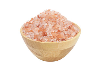 Fototapeta na wymiar Heap of himalayan rock salt in wooden bowl isolated on white background