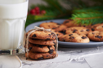 milk and cookies for Santa. holidays, celebration and home concept