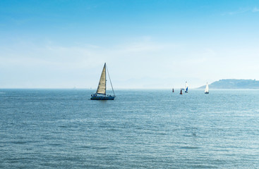 Fototapeta premium Sailing boats at sea, Qingdao Olympic Sailing Center, China