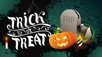 Trick or treat, horizontal greeting banner with tombstone and pumpkin Jack