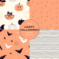 Happy halloween cartoon vector seamless pattern set. Flying bats, pumpkin, polka dot and stripes backgrounds pack. Autumn holiday elements decorative textile, wallpaper, wrapping paper design
