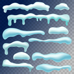 Set of snowball, snow caps, icicles and snowdrift. Vector winter elements isolated on transparent background. 