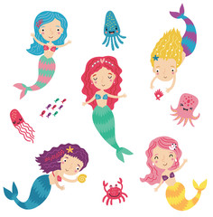 Seamless pattern with mermaids and sea.