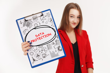 Business, technology, internet and networking concept. Young entrepreneur showing keyword: Data...
