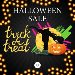 Halloween sale, pop up window for website with Scarecrow and pumpkin Jack against the moon