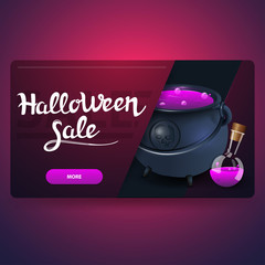 Halloween sale, modern pink discount banner with witch's pot with potion