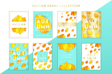 Trendy and elegant autumn background with realistic yellow gold orange leaves Gradient leaf, simple minimalistic style Sale banner template collection Fall season poster, card set Vector illustration