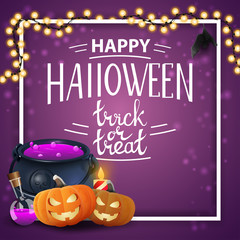 Happy Halloween, square purple template with garland, frame, witch's pot and pumpkin Jack
