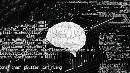 Grey brain rotating on computer circuit board