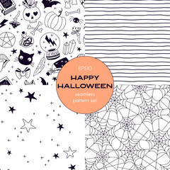 Halloween stuff cartoon vector seamless pattern set. Stars, cobweb, crystal ball, bottle with poison, skull backgrounds pack. Black magic decorative textile, wallpaper, wrapping paper design
