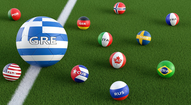 Big Soccer ball in Greece national colors surrounded by smaller soccer balls in other national colors. 3D Rendering 