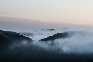 aerial view of foggy mountains