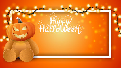 Happy Halloween, horizontal orange template with garland, frame, Teddy bear with Jack pumpkin head