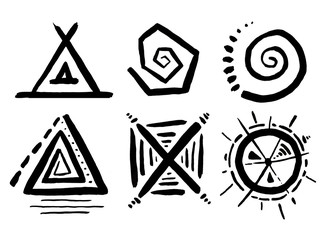 Black abstract geometric shapes set isolated on white background. Hand painted illustration. 