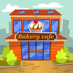 Bakery cafe decorated by board with dessert and panoramic windows, shop of sweets and tasty food. Exterior of building with bushes outdoor, retail vector. Flat cartoon