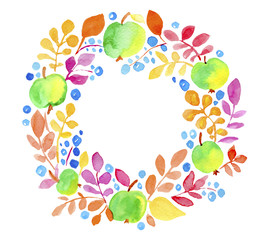 Watercolor floral wreath green apples isolated on white background. Hand painted illustration.  