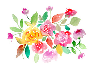 Watercolor floral bouquet hand painted illustration. Autumn flowers and leaves isolated on white background. 