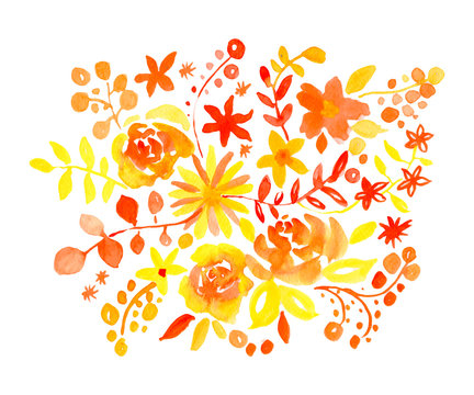 Watercolor yellow floral hand painted illustration. Autumn flowers and leaves isolated on white background. 