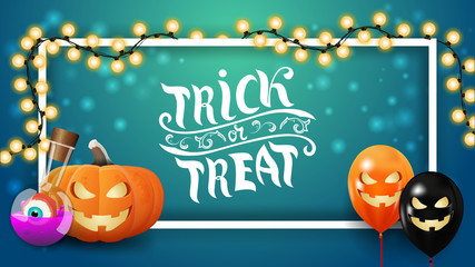 Trick or treat, horizontal green template with garland, frame, pumpkin Jack and witch's potion