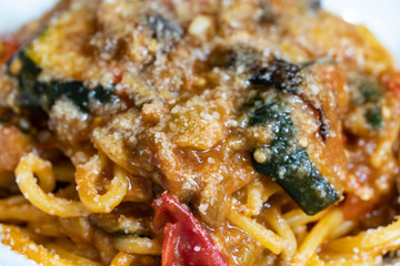 Bucatini with grilled vegetables, traditional Italian pasta dish made with eggplants, zucchini, peppers and parmesan cheese