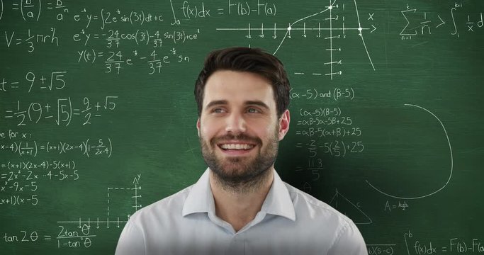Man in front of moving mathematical formulae on blackboard