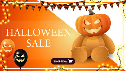 Halloween sale, horizontal orange template with garland, frame, Teddy bear with Jack pumpkin head
