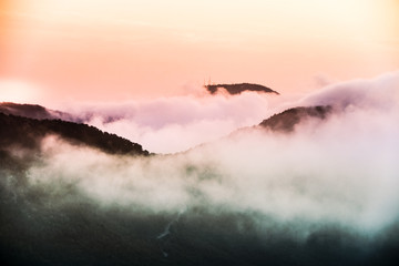 aerial view of foggy mountains