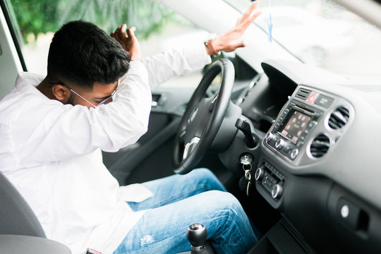 Indian Man Driver During Moment Of Car Accident Inside Of A Car