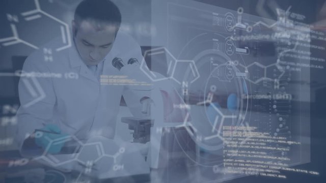 Scientist working in a laboratory with data and structural formula of chemical compounds