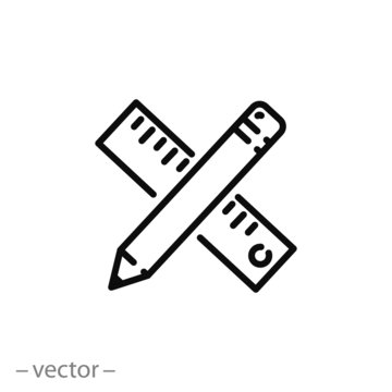 Pencil And Ruler Icon, Creativity Progect, Thin Line Symbol On White Background - Editable Stroke Vector Illustration Eps 10