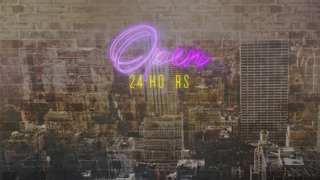 Open 24 hours sign in purple and yellow neon on cityscape