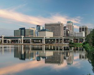 The City of Orlanda in Central Florida during the early morning rush hour on a summer morning .