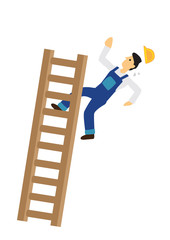 Construction worker falling down from the ladder. Concept of work accident.