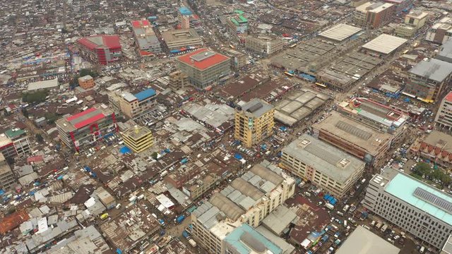 High angle overview flying over massive Mercato (the largest market in Africa) in the suburbs of Addis Ababa, Ethiopia
