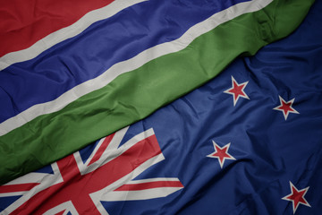 waving colorful flag of new zealand and national flag of gambia.