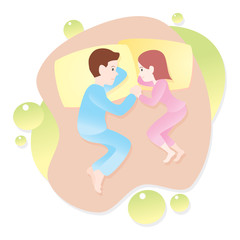 line art loving young couple hold hand in bed. vector illustration isolated cartoon hand drawn