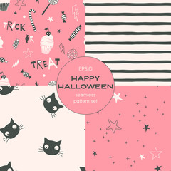 Halloween night cartoon vector seamless pattern set. Trick or treat, stars, black cat heads, stripes backgrounds pack. All hallows eve decorative textile, wallpaper, wrapping paper design