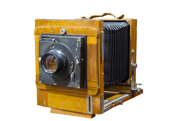 old 19th century fotocamera with scuffs and cracks on a white background