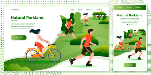 Vector cross platform illustration set, browser and mobile phone  - bicycle riding, running, rolling people in park and trees on background. Banner, site, poster template with place for your text.