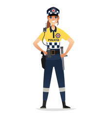 Police woman wearing patrol summer uniform. Happy smiling Europe policewoman agents. Isolated