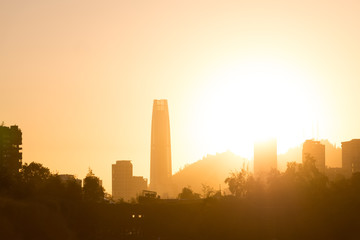 Fototapeta na wymiar Skyline of buildings in Las Condes district from Parque Araucano, Santiago de Chile