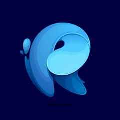 R letter logo ecology stylized with water waves and dew drops.