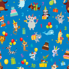Birthday party cartoon seamless pattern with animals isolated on blue.